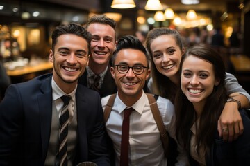 Obraz premium Group of colleagues enjoying a business dinner at a restaurant in a foreign city, building connections during their travels, Generative AI