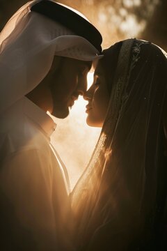 In a mesmerizing tale of love, an elegant Arab sheikh and a beautiful woman share a romantic moment, embodying the essence of passion, cultural richness