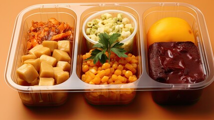 Many lunchboxes with different delicious food on yellow background, Many containers with delicious food, view from above, Generative AI