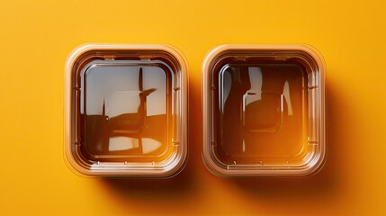 Many lunchboxes with different delicious food on yellow background, Many containers with delicious food, view from above, Generative AI