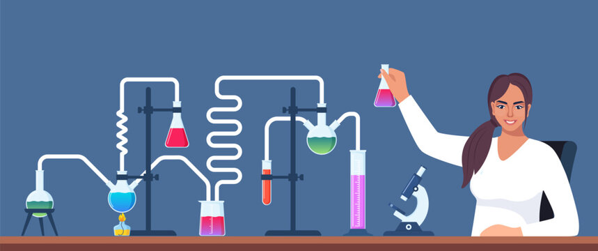 Scientist in chemistry laboratory working on research and exploration. Flasks, vials, test tubes with substance. Lab research, testing, studies in chemistry. Vector illustration.