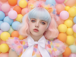 Fototapeta na wymiar Colorful portrait of a girl in the style of cute doll against a backdrop of pastel balls