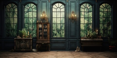 Dark-colored vintage room interior with antique windows and doors. - obrazy, fototapety, plakaty