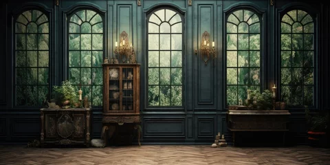 Fotobehang Dark-colored vintage room interior with antique windows and doors. © Sona