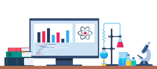 Obraz premium Chemist's workplace with a computer, books, and laboratory equipment. Research and exploration. Computer, lab glassware with substance. Research, testing, studies in chemistry. Vector illustration.
