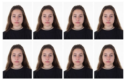 Portrait id card of brunette woman looking at camera on white background x 8
