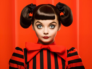 Portrait of a beautiful young woman styled in a retro fashion with striking makeup, posing against a red backdrop