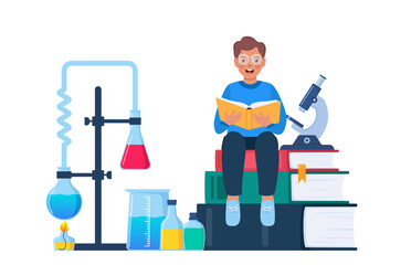 Little kid studying chemistry. Chemist's workplace with books and laboratory equipment. Research and exploration. Studies in chemistry. Vector illustration.