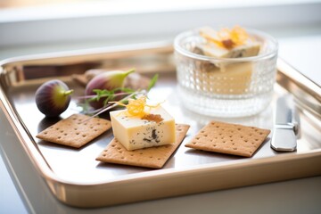 rye crackers, smoked cheese and figs, on a metallic tray