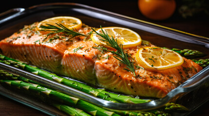 Delicious lunch baked salmon with asparagus