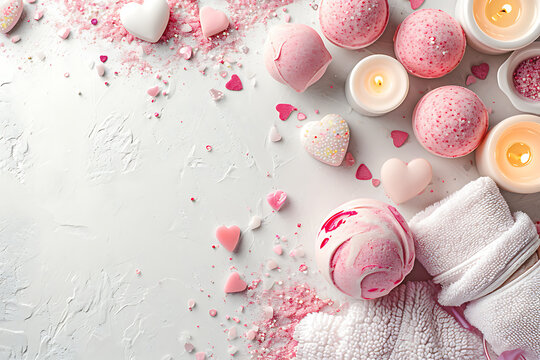 Valentine's Spa Day, Relaxing Bath Bombs and Candles, Love Themed Self-Care,  Valentine's day concept, copyspace for text, backdrop