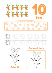 Obraz premium Color page, dot to dot, trace. Learn number 10. Many games on one page for preschool kids.