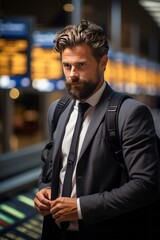 Businessman at the airport terminal, checking the departure board and preparing for his next flight on a global business journey, Generative AI