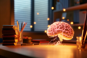 A brain on a working table, A bright brain is working hard at night, concentration on working at night. Concept of human intelligent brain, illumination and glowing brain