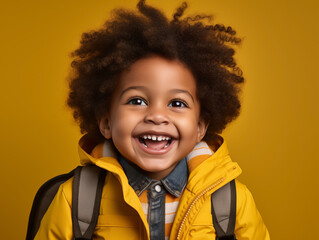 Portrait of a cheerful black little boy on his first school day