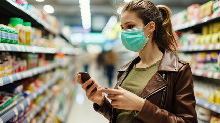 Woman wearing a surgical mask while using her smartphone in a grocery store aisle. - obrazy, fototapety, plakaty