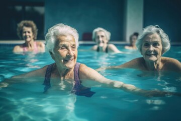 Senior women aqua fitness group. Pool rehabilitation stretching movement sport for retired people....