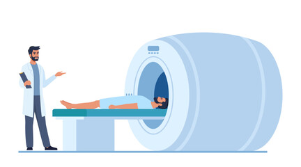 Patient Lying on MRI scan machine with doctor standing next to him. Magnetic Resonance Imaging. Doctor or nurse prepare for magnetic resonance imaging scan of patient. Vector illustration.