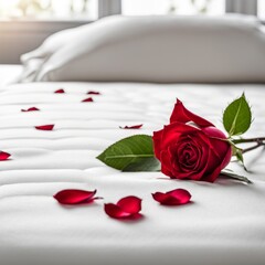 Rose and Petals on white bed in hotel room. Decorative elements for interiors