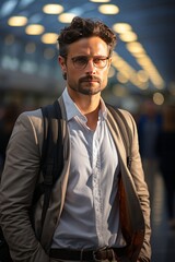 Obraz premium Businessman in a stylish suit navigating a bustling airport on a busy business trip, Generative AI