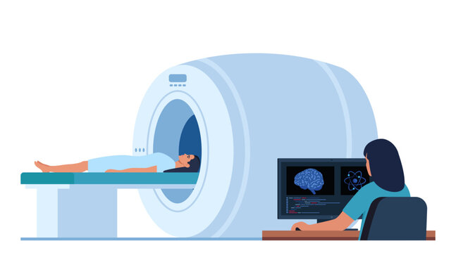 Doctor looking at results of patient brain scan on the monitor screens in front of MRI machine with patient lying down. Flat vector illustration.