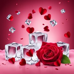 The falling ice cubes are surrounded by red rose petals and hearts on a light pink background