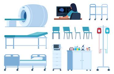 Medical devices for the treatment and diagnosis of people. Hospital furniture elements. Medical equipment for examining human health. Vector illustration.