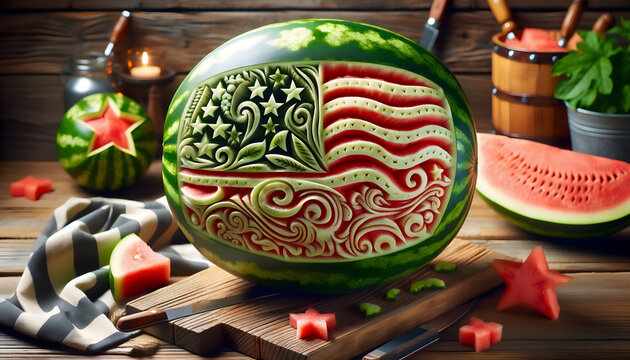 an image of a watermelon carved with designs of American flag