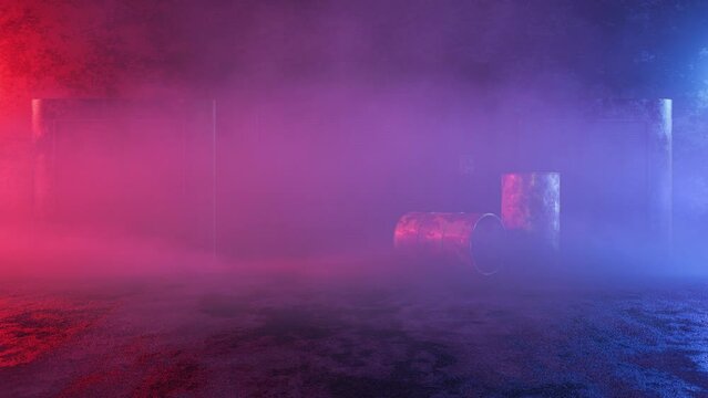 Smoky and foggy alley. Eerie atmosphere on an abandoned street with smoke, neon lights, rusty barrels, old wall, for templates, banners. 4k video footage. 3d render modern design in stock video.