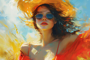An embodiment of Summer, radiating warmth and sunlight, with a sun-kissed glow and wearing bright, lively colors.