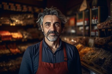 Obraz premium Small shop owner standing portrait. Bearded mature male in own grocery store. Generate ai