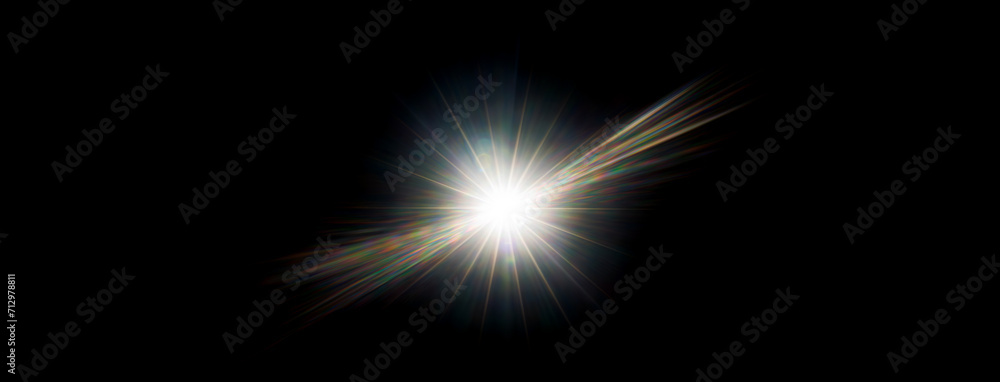 Poster Easy to add lens flare effects for overlay designs or screen blending mode to make high-quality images. Abstract sun burst, digital flare, iridescent glare over black background.