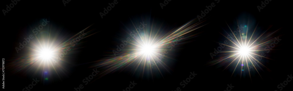 Poster Easy to add lens flare effects for overlay designs or screen blending mode to make high-quality images. Abstract sun burst, digital flare, iridescent glare over black background.