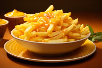 French Fries with Dipping Sauce, on an isolated Saucy Orange background, Generative AI