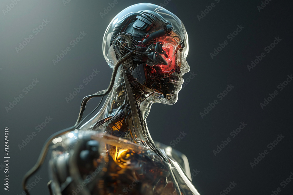 Poster a concept of a biobot resembling a human, with a transparent chest showing a biomechanical heart.
