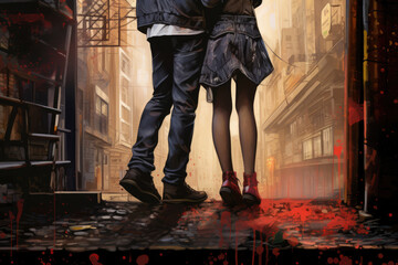 A couple's legs in an alleyway, woman in lace-up flats on tiptoes kissing a man in combat boots, graffiti walls around