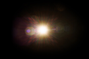 Easy to add lens flare effects for overlay designs or screen blending mode to make high-quality images. Abstract sun burst, digital flare, iridescent glare over black background.