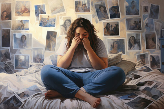 Despondent obese woman sitting on the edge of a bed, holding her head in her hands, with blurred family photos on the wall