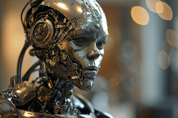 A humanoid cyborg with a blend of flesh and metal, embedded with advanced technology.