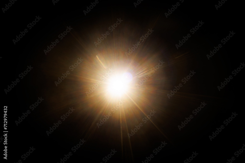 Poster Easy to add lens flare effects for overlay designs or screen blending mode to make high-quality images. Abstract sun burst, digital flare, iridescent glare over black background.