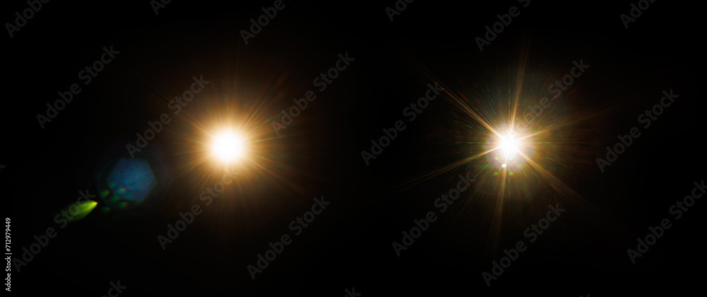 Poster Easy to add lens flare effects for overlay designs or screen blending mode to make high-quality images. Abstract sun burst, digital flare, iridescent glare over black background.