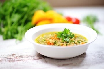 vibrant split pea soup in a white bowl, parsley on top