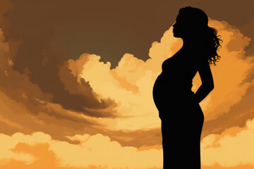 
Illustration of an artistic silhouette of a 50-year-old Latina pregnant woman against a dramatic sky
