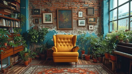 Fototapeta premium Vintage interior of living room with yellow armchair, bookshelves and plants. Generative Ai.