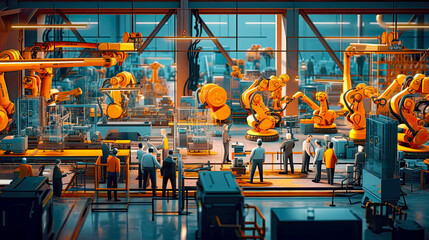 Automated industrial robots and assembly lines with workers. Postproducted generative AI illustration.
