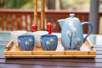 blue porcelain teapot with matching cups on a bamboo tray