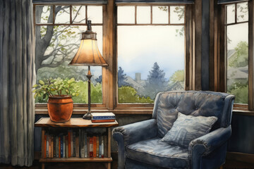 
Watercolor painting of a quiet reading nook by a window, with a rainy day outside - obrazy, fototapety, plakaty