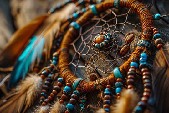 A depiction of the Native American Dreamcatcher, intricately woven with feathers and beads.