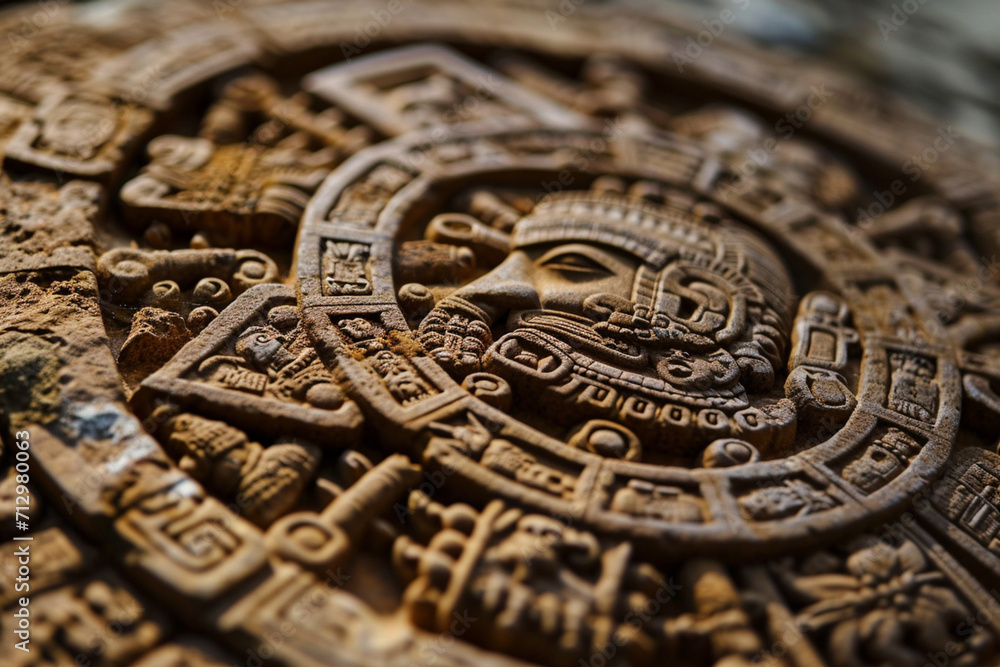 Poster an image of the aztec calendar stone, richly detailed with mythological figures and symbols.