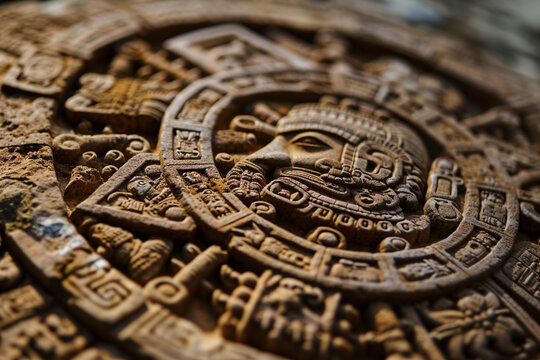 An image of the Aztec calendar stone, richly detailed with mythological figures and symbols.